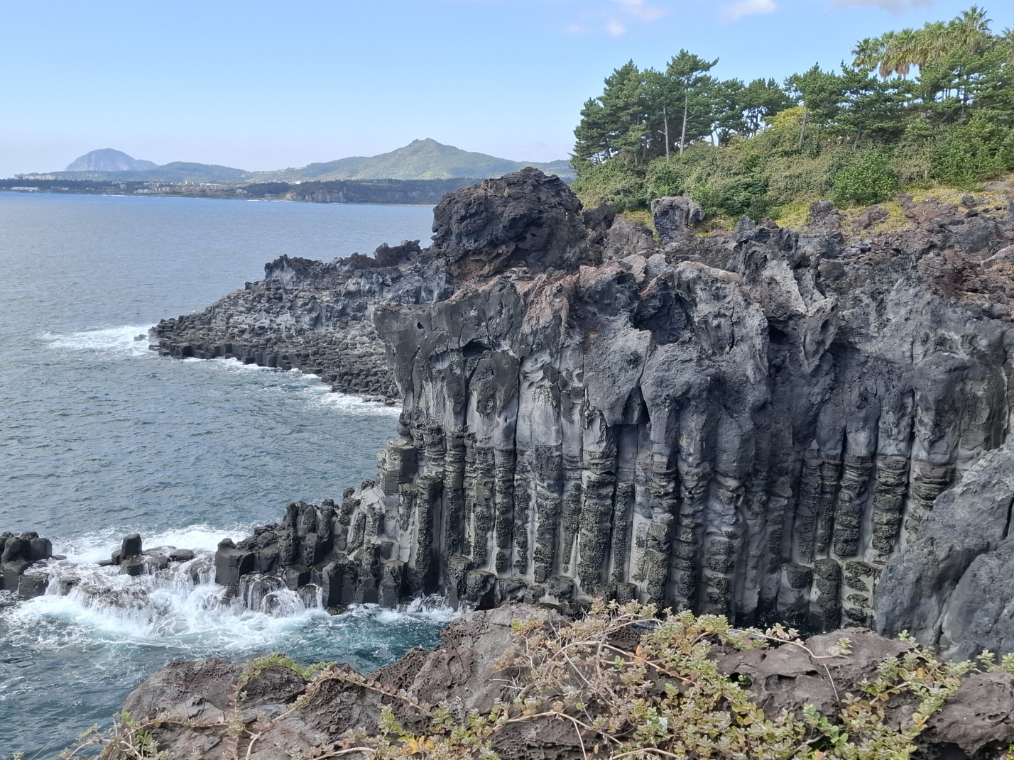 Jusangjeolli cliff — dramatic hexagonal basalt columns rising from the sea on Jeju's south coast